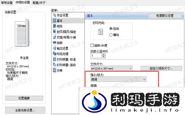 使用打印首选项的缩放功能